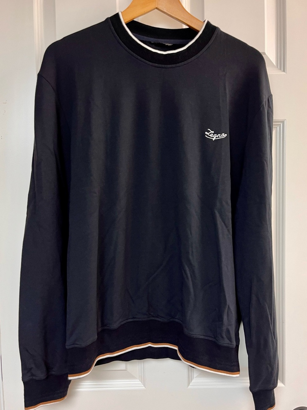 Zegna Navy Logo Crew Sweatshirt with Contrast Trim